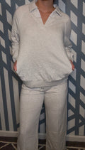 Polo Collar V Neck Pullover and Drawstring
Sweatpants Set